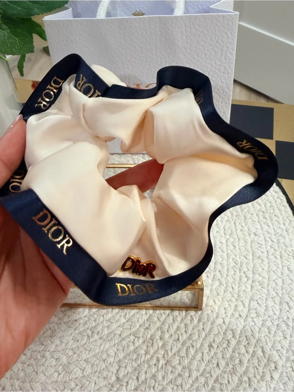 Cream Satin Beaute Scrunchie Navy Logo Hair Tie | NEW